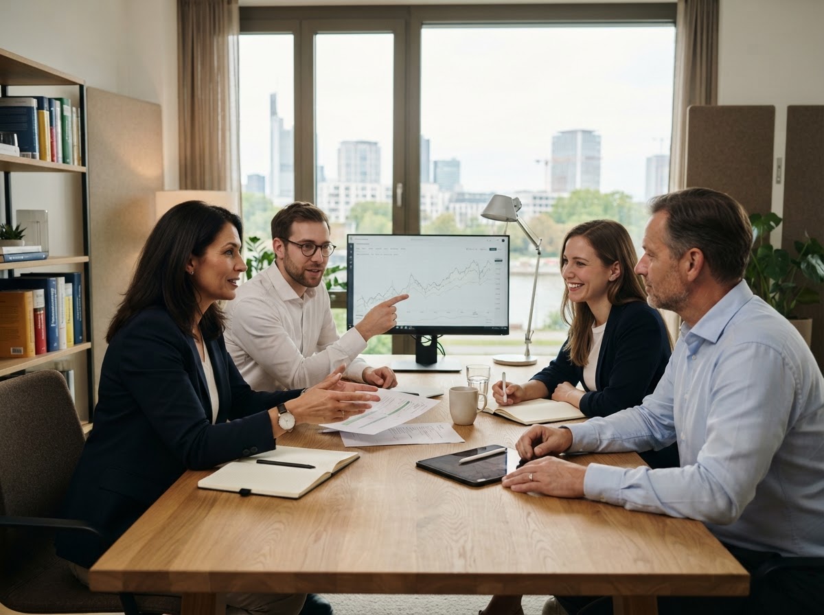 Phondal Renten team reviewing portfolio risk analysis together with a client